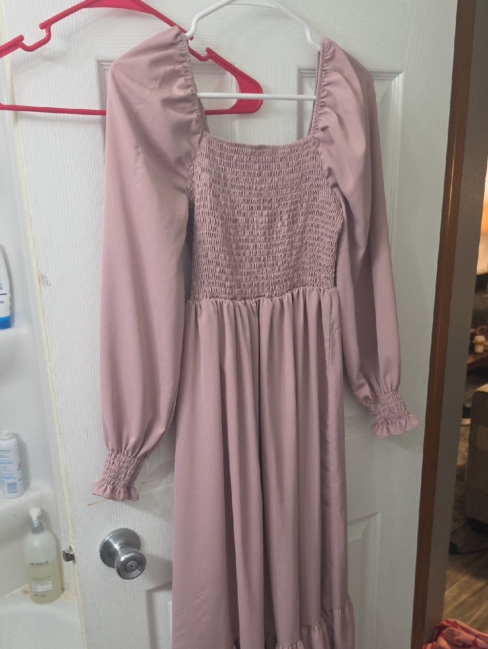 Mauve Pink Smocked Midi Dress with Balloon Sleeves